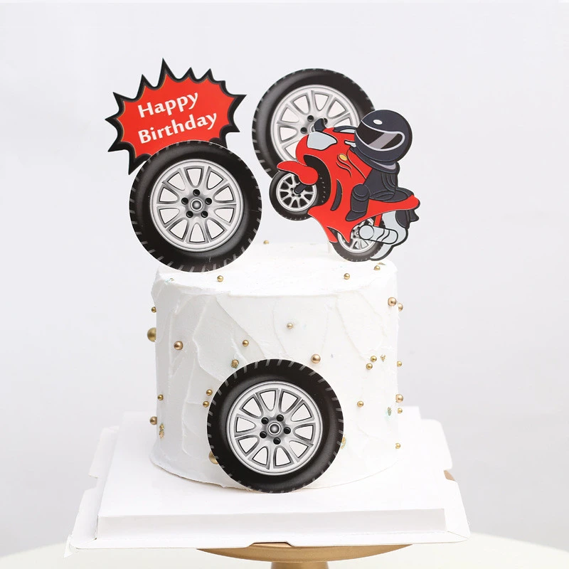 1 Set Paperboard Fashion Motorcycle Theme Happy Birthday Cake Topper Boy Kids Favors Party Supplies  Candy Bar Cake Decoration
