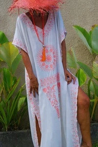 100% Cotton wholesale apparel women beach wear maxi kaftan dress embroidered long open kaftan desi Swim Wear Sexy Beach Dress