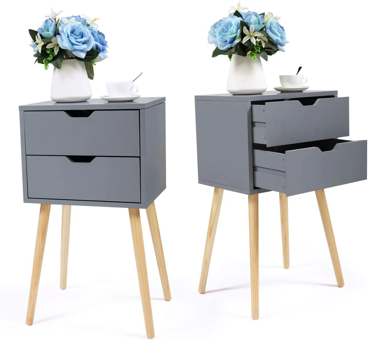 2 Drawer Bedside Table Nightstand Cabinet with Solid Wood Legs