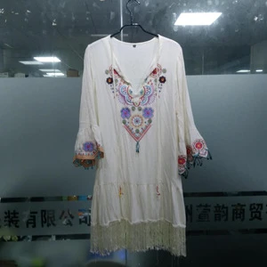 2019 spring embroidered long mandarin sleeves vintage short wholesale clothing woman boho dress with tassel
