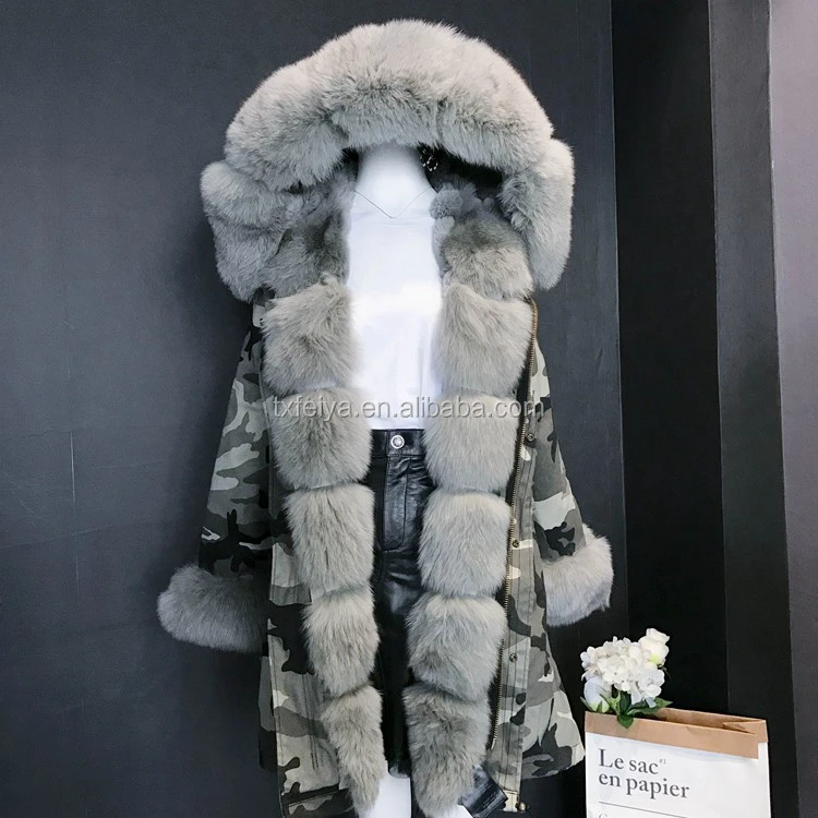 2020 Camouflage Real Fox Fur Parka Coat Grey Women Hooded Fur Parka