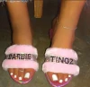 2020 New Arrival Ladies Flat Furry Slippers Pink Glitter Slides for Women Fashion Sandals diamond sandals women