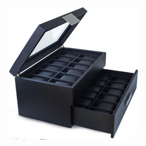 24 grid large carbon fiber leather drawer watch case with clear glass lid
