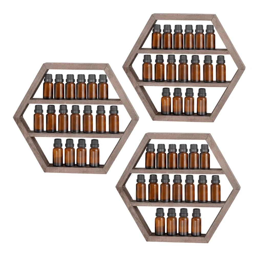 3 Packs rustic wall mounted floating hexagon display shelves hot selling essential oil rack wood display