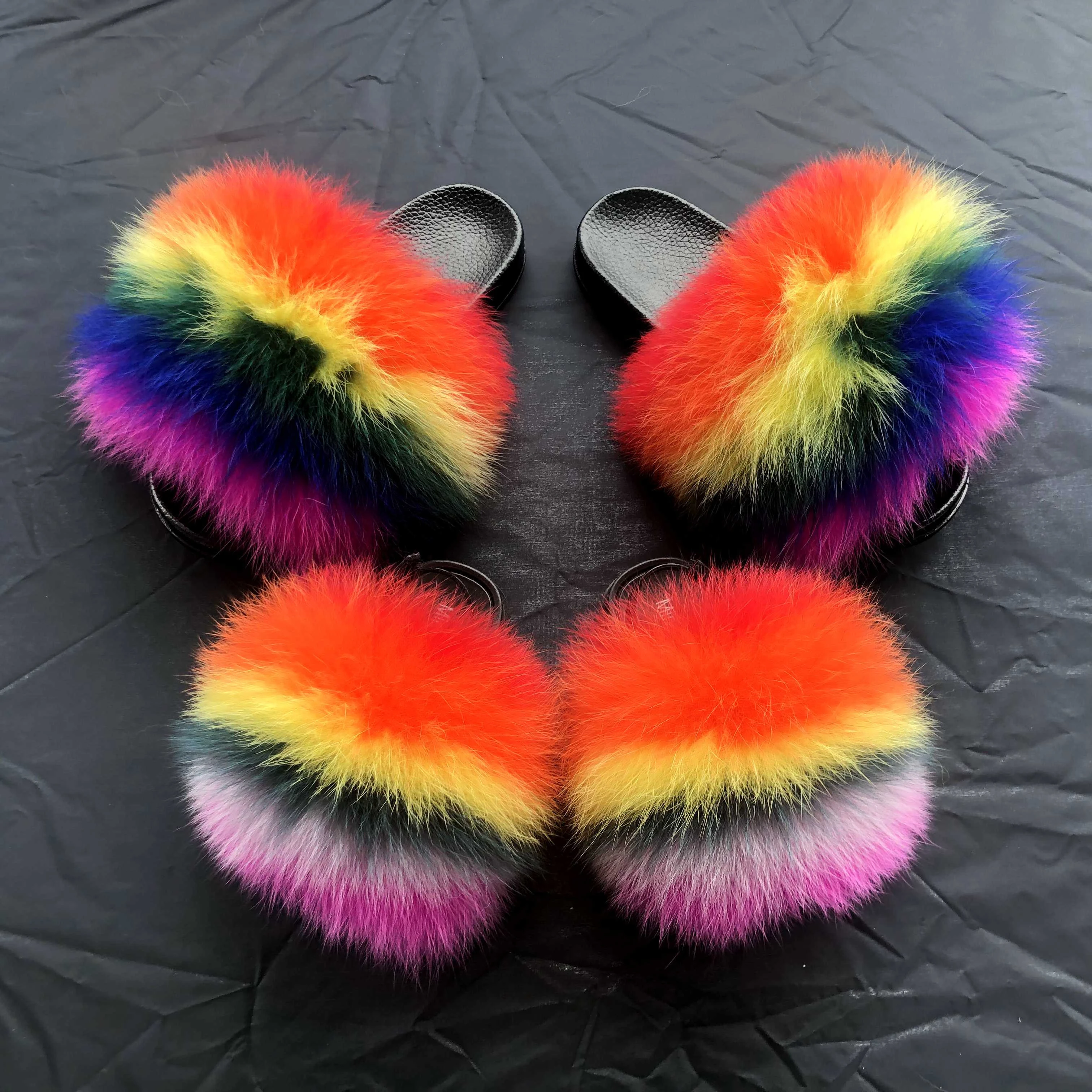 81-118 Custom Fur Slides Fluffy Slippers Fur Furry Mommy And Me Matching Fur Slippers