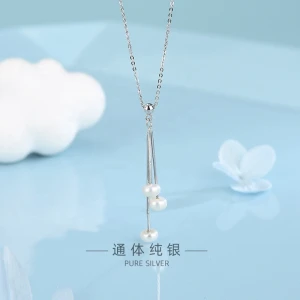 925 Silver Simple Silver Chain Pearl Necklace Freshwater Pearl Tassel Pendant Necklace Women Bridal Necklace With Gold Plating