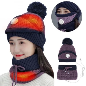 ANSZKTN USB heating keep warm  heat hat scarf knitted hat mask scarf three-piece set autumn and winter scarf cross-border