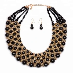 anti allergy statement choker necklace black beaded pearl jewelry set
