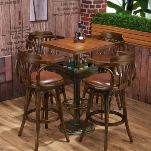 Antique  hotel furniture  restaurant  high dining  table and oak chairs  bar stool  dining table with cast iron table base