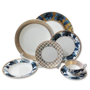 Blue garden porcelain dinnerware collection luxurious ceramic restaurant hotel home tableware sets