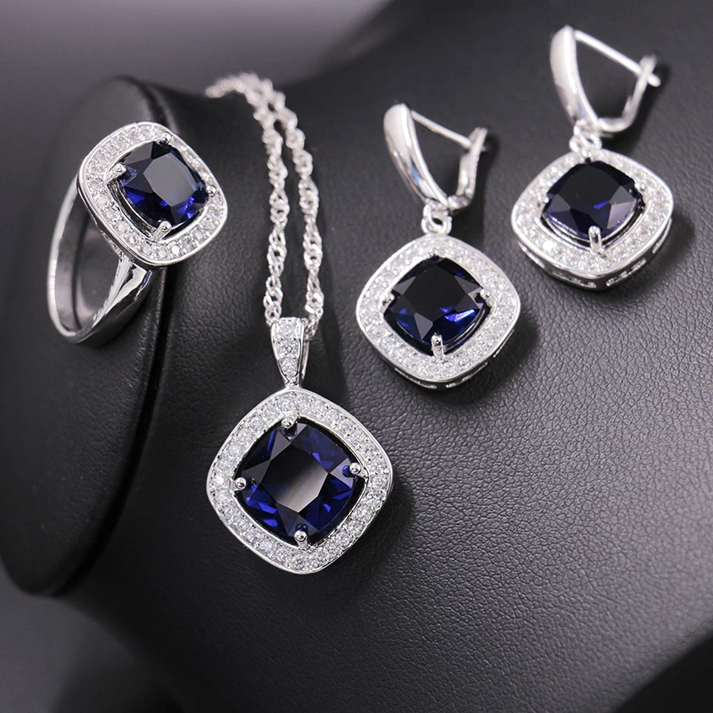 blue luxury colorful oval cut crystal  diamond bridal wedding engagement ring three pieces jewelry set