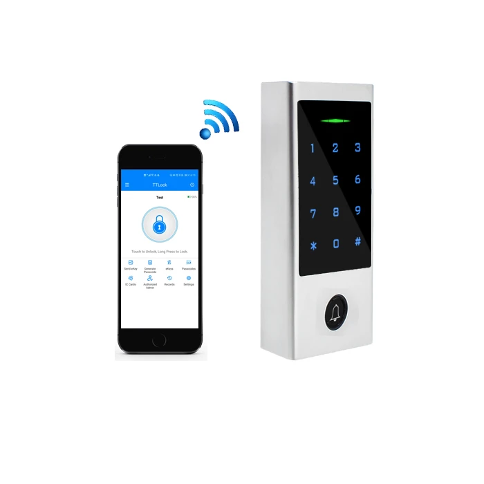 Bluetooth enabled waterproof touch keypad RFID access controller 13.56mhz m1 card reader android  iOS apps for time attendance