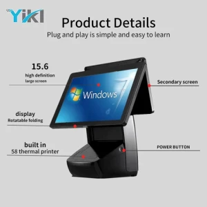 Cash register pos terminal adopts dual screen touch combined with 58mm/80mm receipt printer 15.6-inch cash register system ODM,