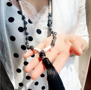 Casual Natural Stone and Wood Beads Sweater Chain Hand Beaded Tassel Necklace Long Dress Accessories