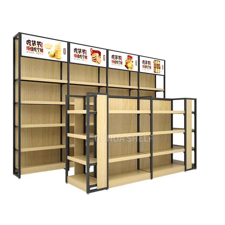 China 2020 wooden gondola Light display shelf  fashion multi-function solid rack Supermarket with free design
