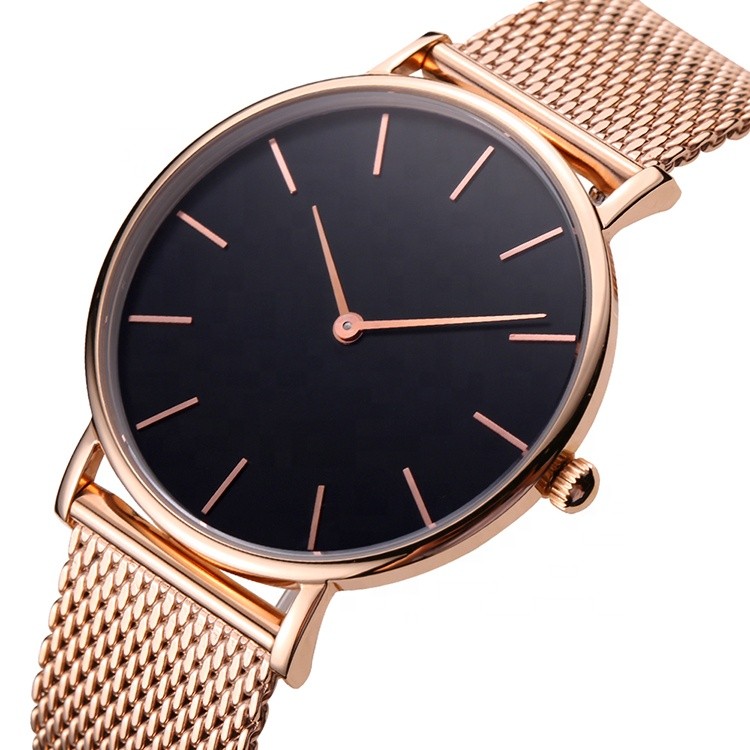Classic design Ronda movement watch stainless steel case PVD rose gold mesh stainless steel strap
