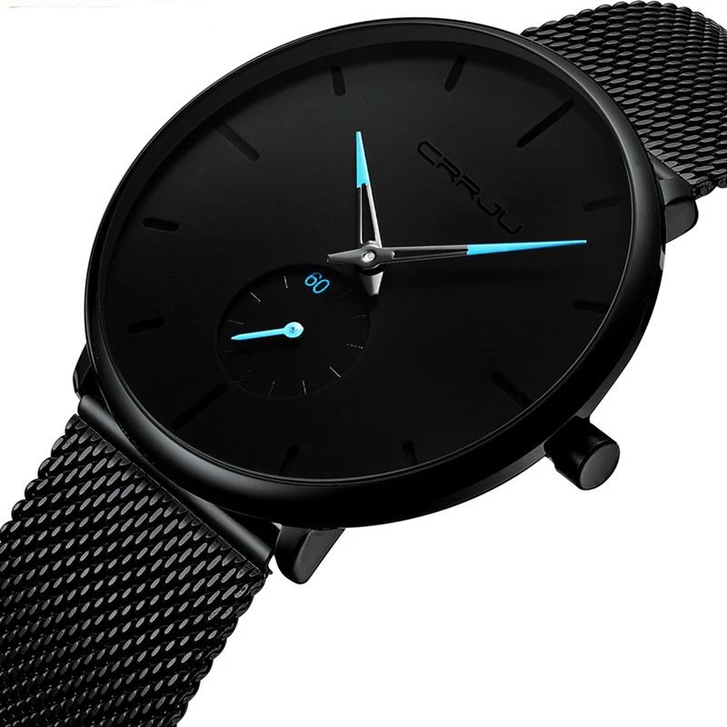 Classic Men Luxury Brand Watches Black Stainless Steel Minimalist Male Analog Clock Waterproof CRRJU 2150 Quartz Men Wrist Watch