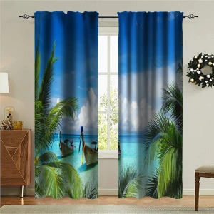 Custom 3D Digital Print Ocean Scenery Panel Rod Pocket Curtain for Kitchen Window