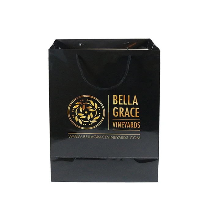 Custom black luxury made glossy laminated finished black art paper bag shopping packaging garment paper gift bags