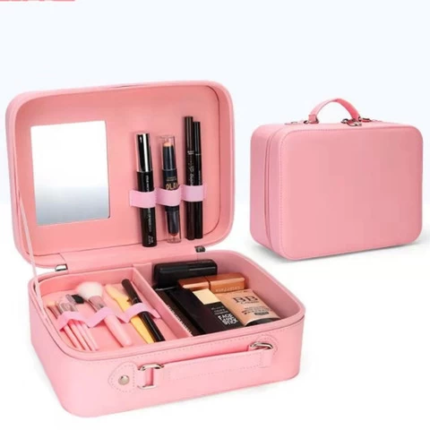 Custom Logo Luxury Pink PU Travel Makeup Case Bag Cosmetic Hard Case Waterproof Pink Glitter Cosmetic Bag