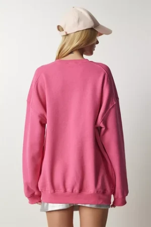 Custom wholesale girls pink oversized heavyweight cotton blend  long sleeved 3D puff print pullover sweatshirt for women