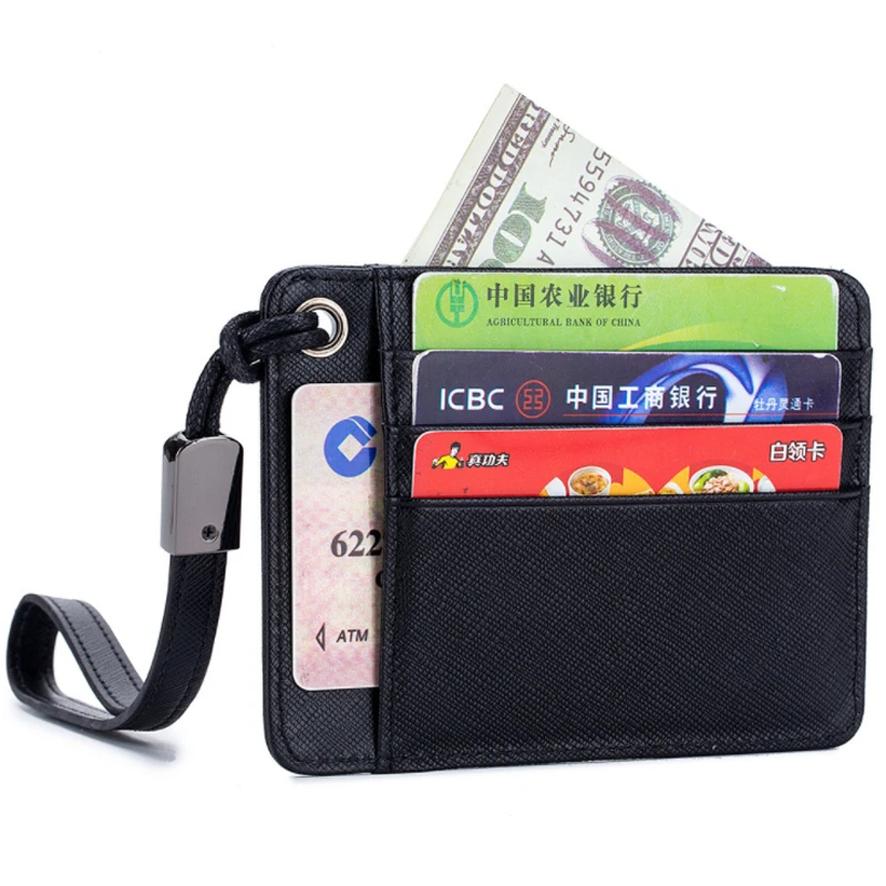 Custom Women Men Front Pocket Slim Minimalist RFID Blocking Leather Credit Card Holder with Wristlet