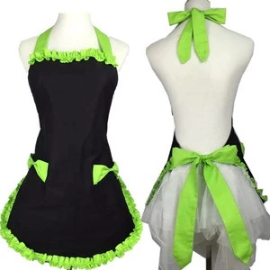 Cute Retro Lovely Lady&#39;s Kitchen Flirty Black Vintage Aprons for Women Girls With Pockets