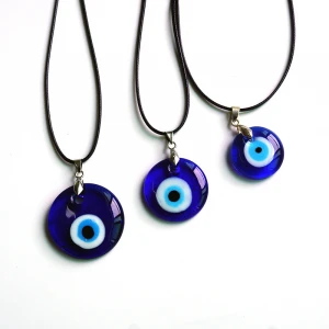 Devil Evil Eyes Turkey Blue Eye Flat Round Glass Pendant Waxed Cord Necklace