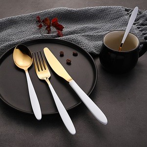 European Stainless Steel Cutlery Set with White Handle Gold Flatware white and gold