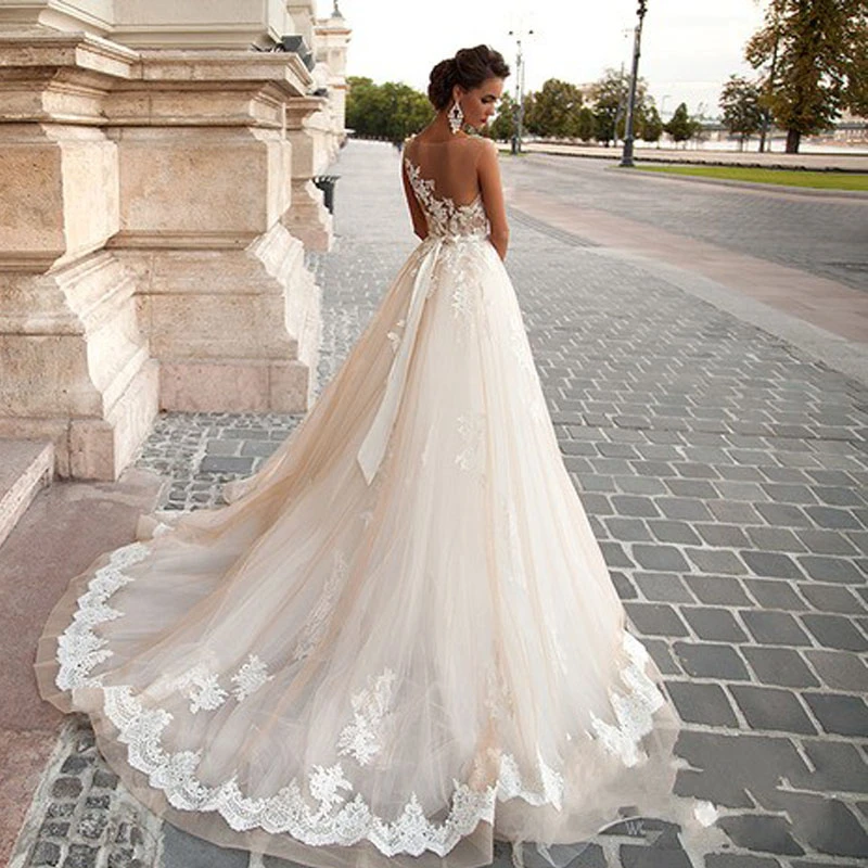 FA14 Vestido De Novia A line Lace Wedding Dress Sexy Plus Size Sheer Back Bridal Dresses Robe De Novia Princess Wedding Gown