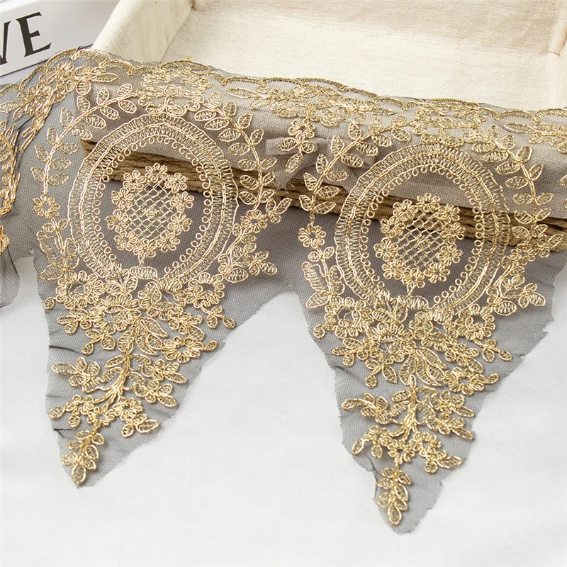 Factory Wholesale Big Size Luxury Black Gold Metallic Thread Lace Trim Embroidery Lace Applique For Formal Dress