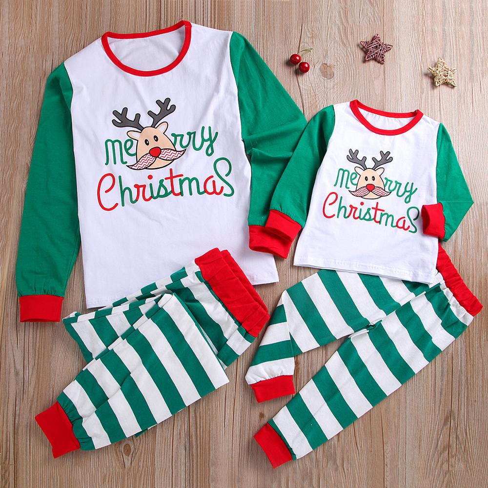 Family matching Christmas pajamas set kids girls reindeer striped sleepwear suit