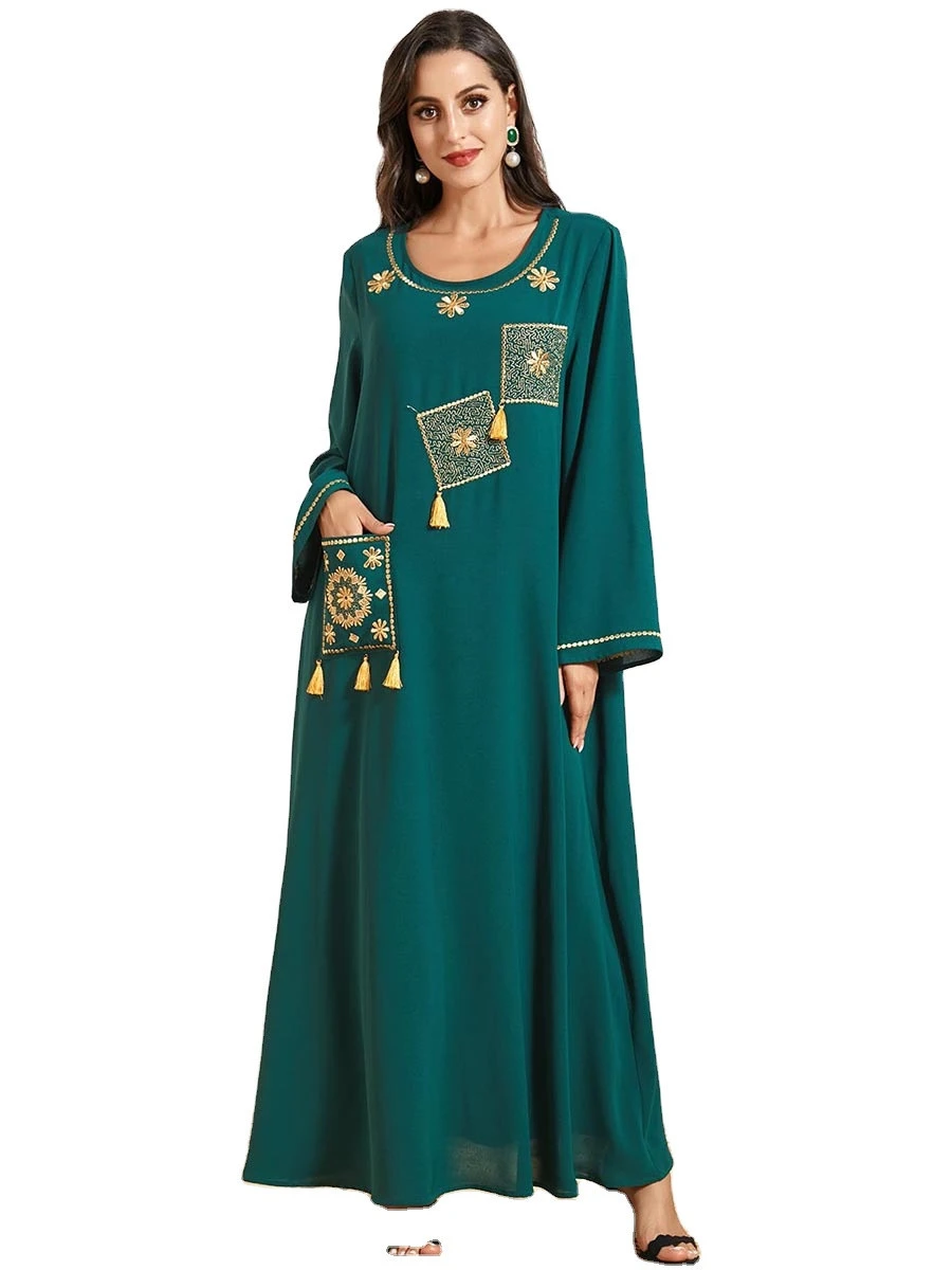Fashion Coran Musulman Voile Embroidery Womens Temperament Print Stitching Pocket Long Sleeve Robe Femmes Musulmane Vestidos