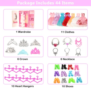 Fashion Dollhouse Furniture 44 Items/Set=Wardrobe +11 Clothes +10 Shoes +10 Hanger +12 Accessories For Barbie DIY Game