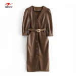 Faux Leather Dresses Vestidos Design V Neck Pleated Long Sleeve Sashes Slim Waist PU leather dress Women leather clothes