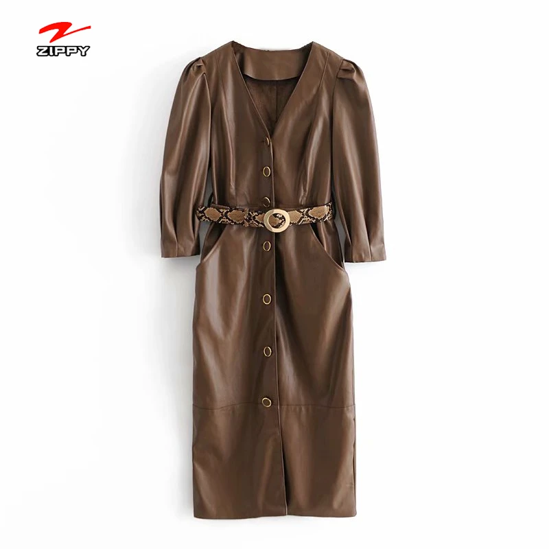 Faux Leather Dresses Vestidos Design V Neck Pleated Long Sleeve Sashes Slim Waist PU leather dress Women leather clothes