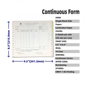 FSC 9.5&quot;x8.5&quot; 3 Sheets/Sets 1000P/Case NCR Carbonless Delivery Order No Carbon Copy Receipt Continuous Computer Form