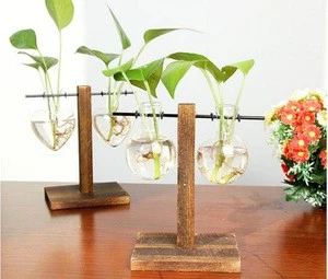 Home artificial desktop decoration tube/Heart-shaped Glass planter Glass vase with metal stand/wood stand base