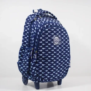 Hot Sale Children Cartoon Print Blue Luggage Trolley Bag Durable Student Backpack With Small Wheel