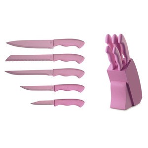 Hot sell kitchenware 5pcs Pink Non-stick Coating Stainless Steel Kitchen Knife Set with PP knife block