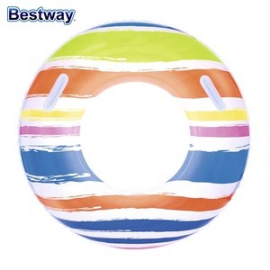 Inflatable striped swim ring plastic comfortable children swim ring with handle