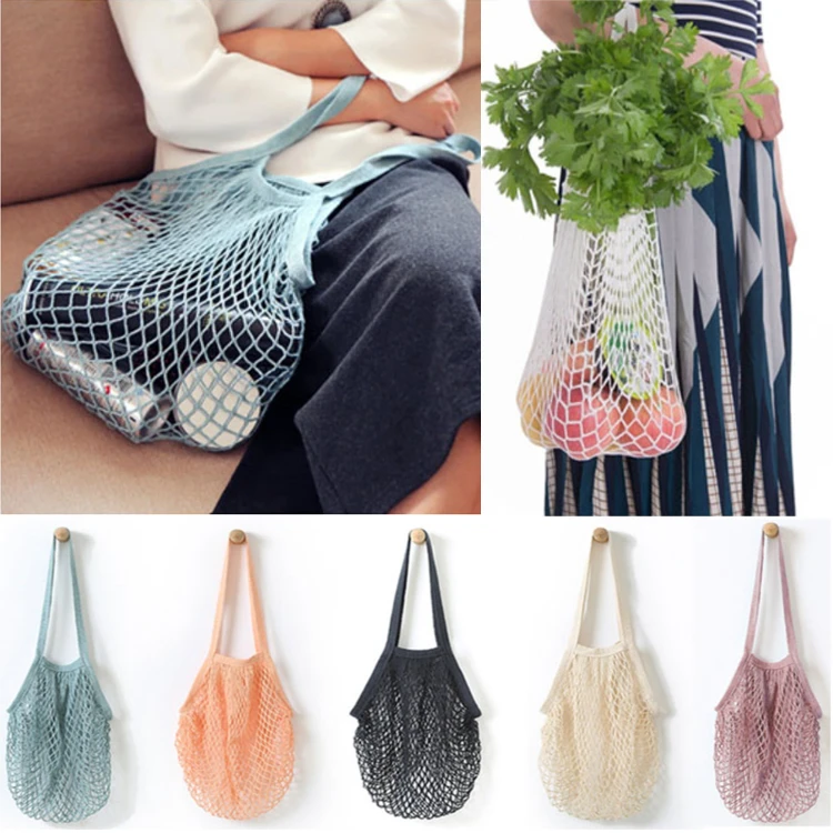KAIFEI reusable organic cotton mesh net bag vegetable/fruit shopping bag with long handle