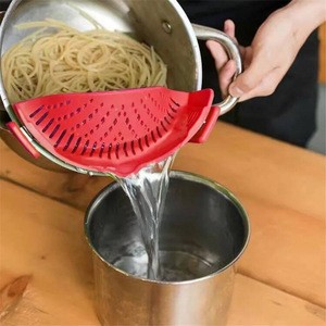 Kitchen food filter for pasta and ground beef oil, colander and sieve snap on bowl, pan and pan
