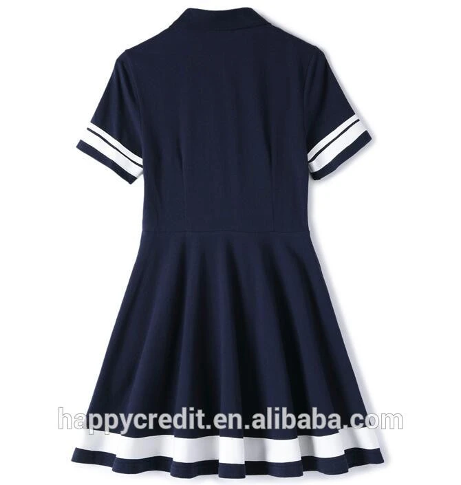 Latest Designs Daily Wear 100% Cotton Pique Navy Blue Short Sleeves Summer Polo Dress Women with Crystal Patch