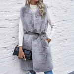 Long side pockets women ladies sleeveless winter Artificial Fur Outwear fake rex rabbit Fur Jacket Fake Fur Coat