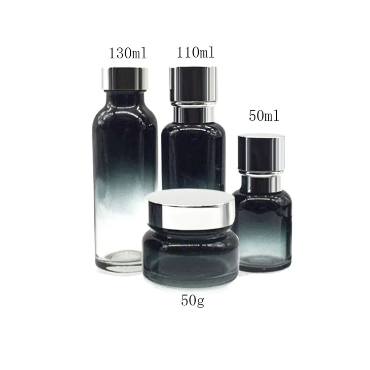 Luxury  cosmetic skincare set packaging amber 30g 50g 30ml 60ml 80ml 110ml 130ml blue Eight arrises glass pump body bottle jar