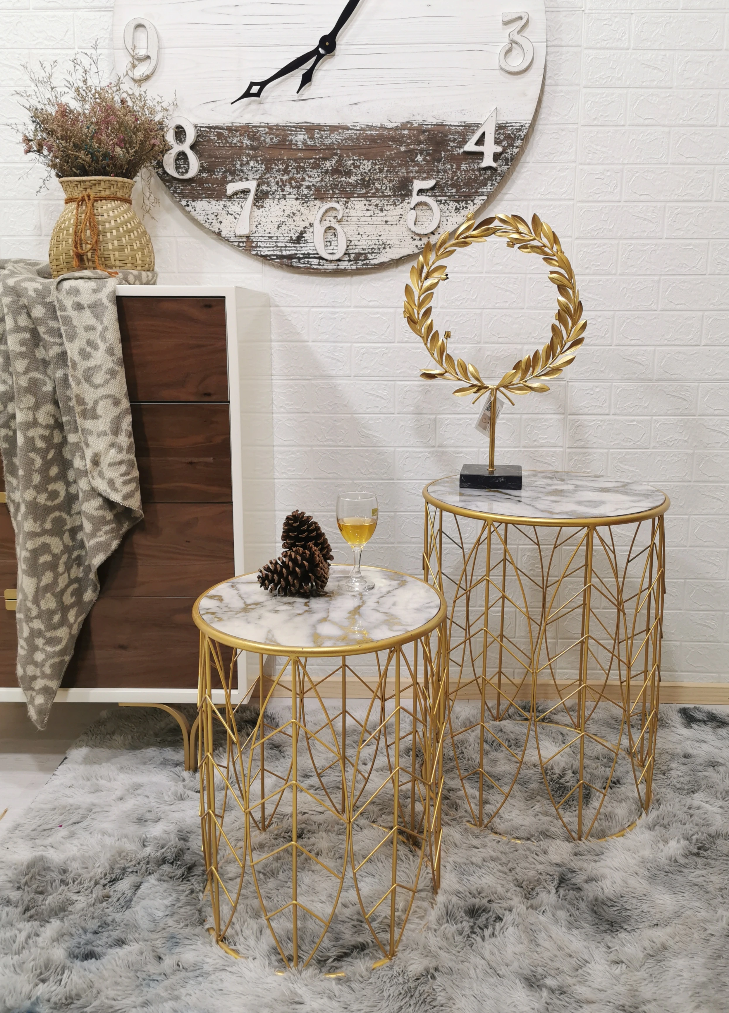 Luxury metal marble top nesting table glass top gold corner table elegant living room side table leaf shape home decor luxury