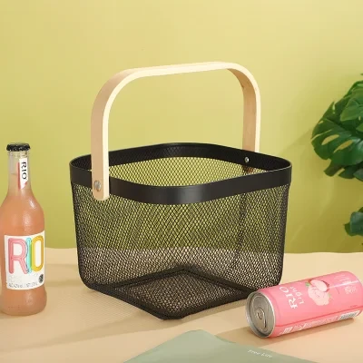 Metal Mesh Baskets Fruit Holder Portable Snacks Fruit Vegetable Hollow out Basket with Wood Handle Wire Nesting Baskets