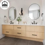 Modern bathroom furniture vanity with side wood brown cabinets Black handles waterproof plywood laminate