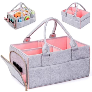 New Design Foldable Heavy Duty Pink Heather Beige Felt Baby Nursery Diaper Caddy Storage Bag